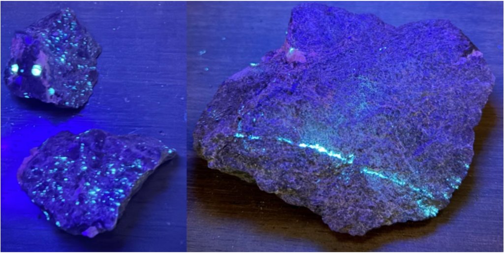 Eagle Point hand samples fluorescing under shortwave ultraviolet light