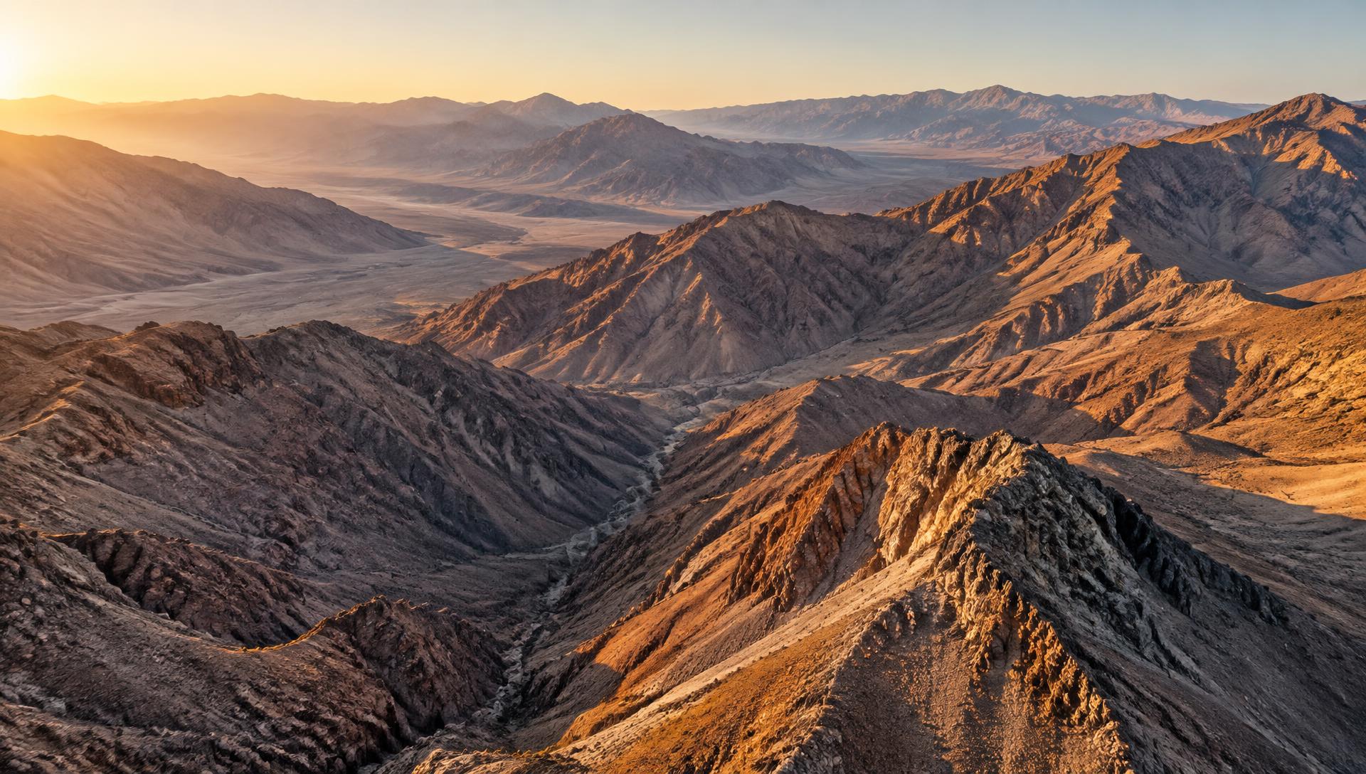 Aerial view of a rugged high-desert mountain range at first light