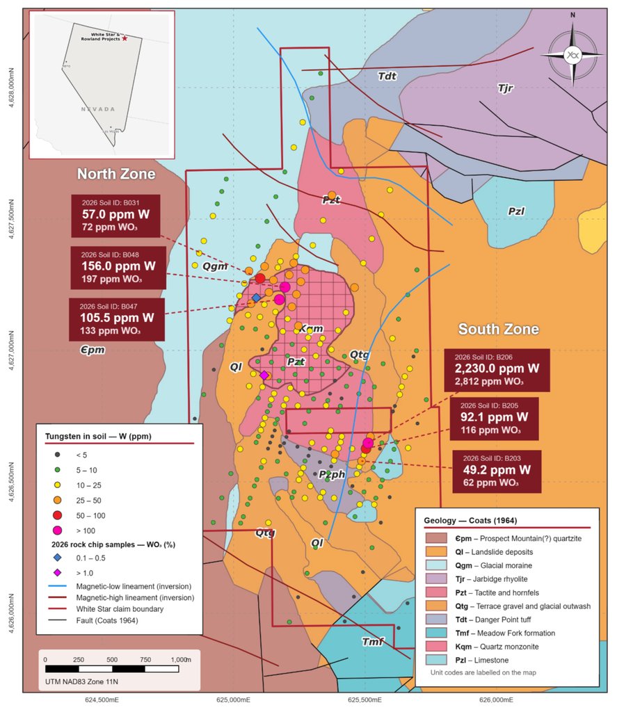 Tungsten-in-soil results across the White Star Tungsten Project.